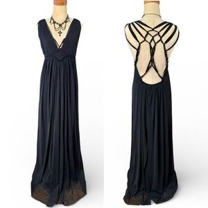 ANGL Black Overlay Strappy Back Maxi Gown Sleeveless Pullover Romantic Bohemian
